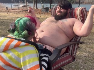 Smoking outdoor blowjob