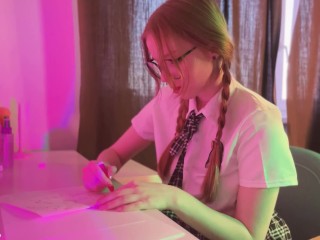 Schoolgirl drew penises instead of homework and was fucked on the table