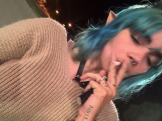 Sexy alt elf smokes outside and upskirt flashes