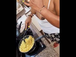My Step Sis Cooking while I Watch - UPSKIRT No PANTIES and BOOBS Popping Out