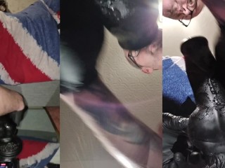 Tri view , caged sissy leaking cum from prostate riding huge fantasy knot dildo Daddy dirty talk