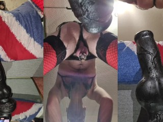 Tri view , caged sissy leaking cum from prostate riding huge fantasy knot dildo Daddy dirty talk