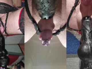 Tri view , caged sissy leaking cum from prostate riding huge fantasy knot dildo Daddy dirty talk