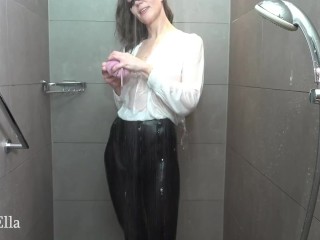 Ella taking a soapy shower in shiny legging, with blowjob