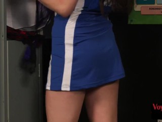 Cheerleader voyeur tease man in locker room till cumshot