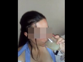 Hot Wife Drinking 67 Loads of Cum saved for her by her bull