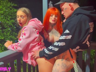 Horny Tattoed sluts Share Ciggerets And Cock For All The Neighbours To See! (Real Risky Threesome)