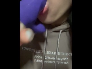 Loves sucking purple cock.