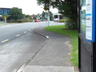 NZ Trashy MILF slut public pissing in the bus stop in full view of traffic & public