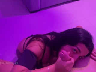 Naughty brunette wearing heels sensualizes before being fucked and receiving cum in her mouth