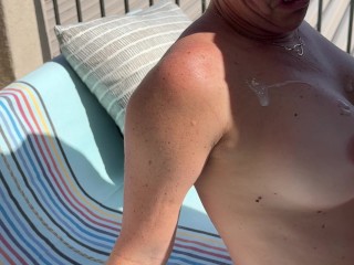 Found MILF Sunbathing In Backyard, She Found Stepson Jerking Off, Let Him Cum On Her Big Tits