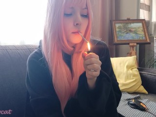 Beautiful Pink Hair Egirl Smoking in black pyjama (full vid on my ManyVids/0nlyfans)