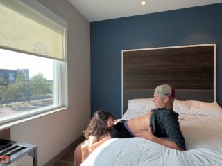 Cute Wife Shows Off Sucking and Riding Him til He Fills Her Up- in Front of the Open Windows
