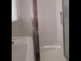 Wanking in the shower while friends were having breakfast in next room. Big cock jerked to cumshot