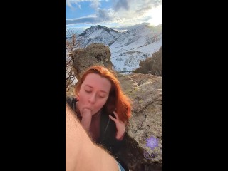 Sexy thick redhead swallows cum lucky hiker public mountain