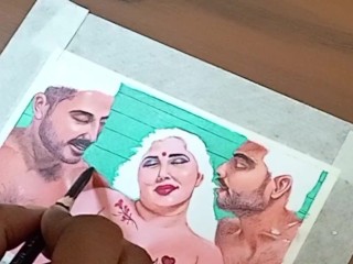 Erotic Art Or Drawing Of  Sexy Indian Married Woman Having A Steamy Affair With Her Two Boyfriends