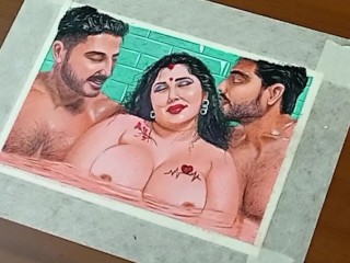 Erotic Art Or Drawing Of  Sexy Indian Married Woman Having A Steamy Affair With Her Two Boyfriends