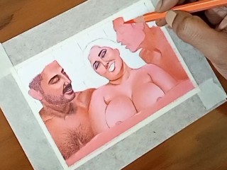 Erotic Art Or Drawing Of  Sexy Indian Married Woman Having A Steamy Affair With Her Two Boyfriends