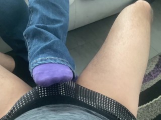 The milf next door jerks my cock with her hands and feet, big cum on sexy soles....