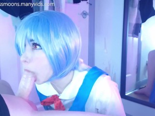 Rei Ayanami first time, fucks rough with her big oiled ass, makes step dad cum loads over cute face