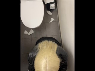 Blonde girl fucked loud in public bathroom