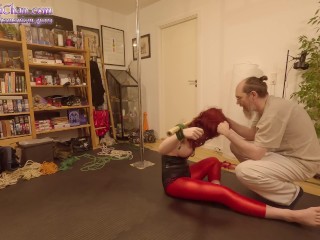 Girl in crotch rope predicament, tied in standing spread eagle and spanked