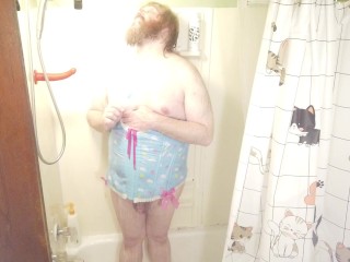 Little Sissy Sub Wears Care bear Corset and poses and dances in Bath tub Sexy Golden Shower POV HD