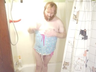 Little Sissy Sub Wears Care bear Corset and poses and dances in Bath tub Sexy Golden Shower POV HD