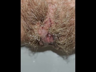 Long piss after huge holding pee. Hairy Pussy zoomed mega close up