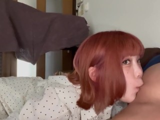 A super beautiful redhead Japanese gives a deep blowjob