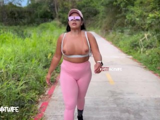 Married whore taking her morning walk with leggings showing off her pussy (cameltoe) and showing off