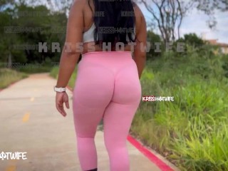 Married whore taking her morning walk with leggings showing off her pussy (cameltoe) and showing off