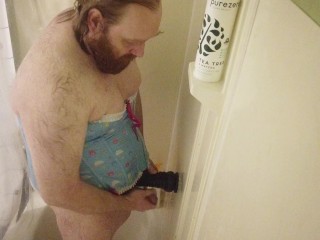 Little Sissy Sub Femboy Takes Huge Bad Dragon Dildo up tight little ass hole in shower poses dances