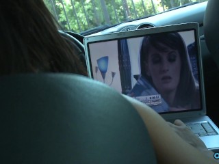 In order to take a picture of him after nutting the brunette satisfies his cock