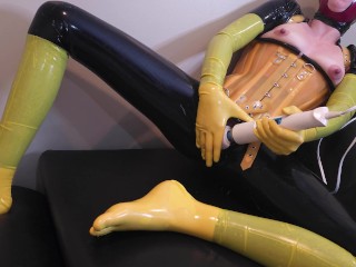 Tiny Rubber Slut Masturbating to Multiple Orgasms In Yellow & Black Latex