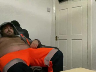 British builder comes home from work horny, smokes and has a wank.