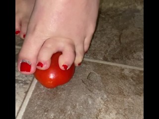 Squishing a Tomato with my TOES. BF put the phone down and fucked me in the kitchen right after this