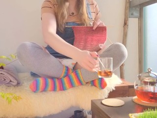 Cozy Afternoon on Balcony with Knitting and Tea