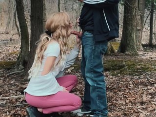 Sexy Jogger Girl Gives Blow Job on Knees to Stranger in Public in Woods