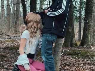 Sexy Jogger Girl Gives Blow Job on Knees to Stranger in Public in Woods
