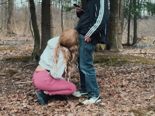 Sexy Jogger Girl Gives Blow Job on Knees to Stranger in Public in Woods