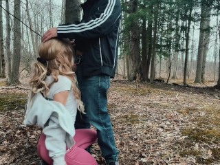 Sexy Jogger Girl Gives Blow Job on Knees to Stranger in Public in Woods