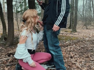 Sexy Jogger Girl Gives Blow Job on Knees to Stranger in Public in Woods