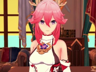 3D/Anime/Hentai,Genshin Impact: Adult Yae Miko Pleasures Huge Cock!