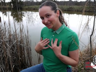 Soaked Polo Shirt MILF Tits, Wet Blue Jeans, Outdoors At The Pond