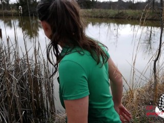 Soaked Polo Shirt MILF Tits, Wet Blue Jeans, Outdoors At The Pond