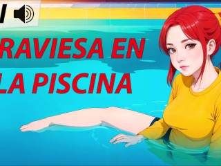 JOI hentai, traviesa en la piscina. Voz española.