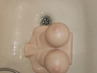 washing my new sextoy ( bouncing titties F cup) teaser short video (ASMR)