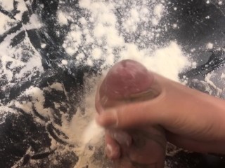 Cooking dick for dinner. Part 1/3. Jerking off and breading a penis in flour.