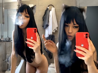 Cute Brunette Smoking Naked in the mirror (full vid on my 0nlyfans/ManyVids)